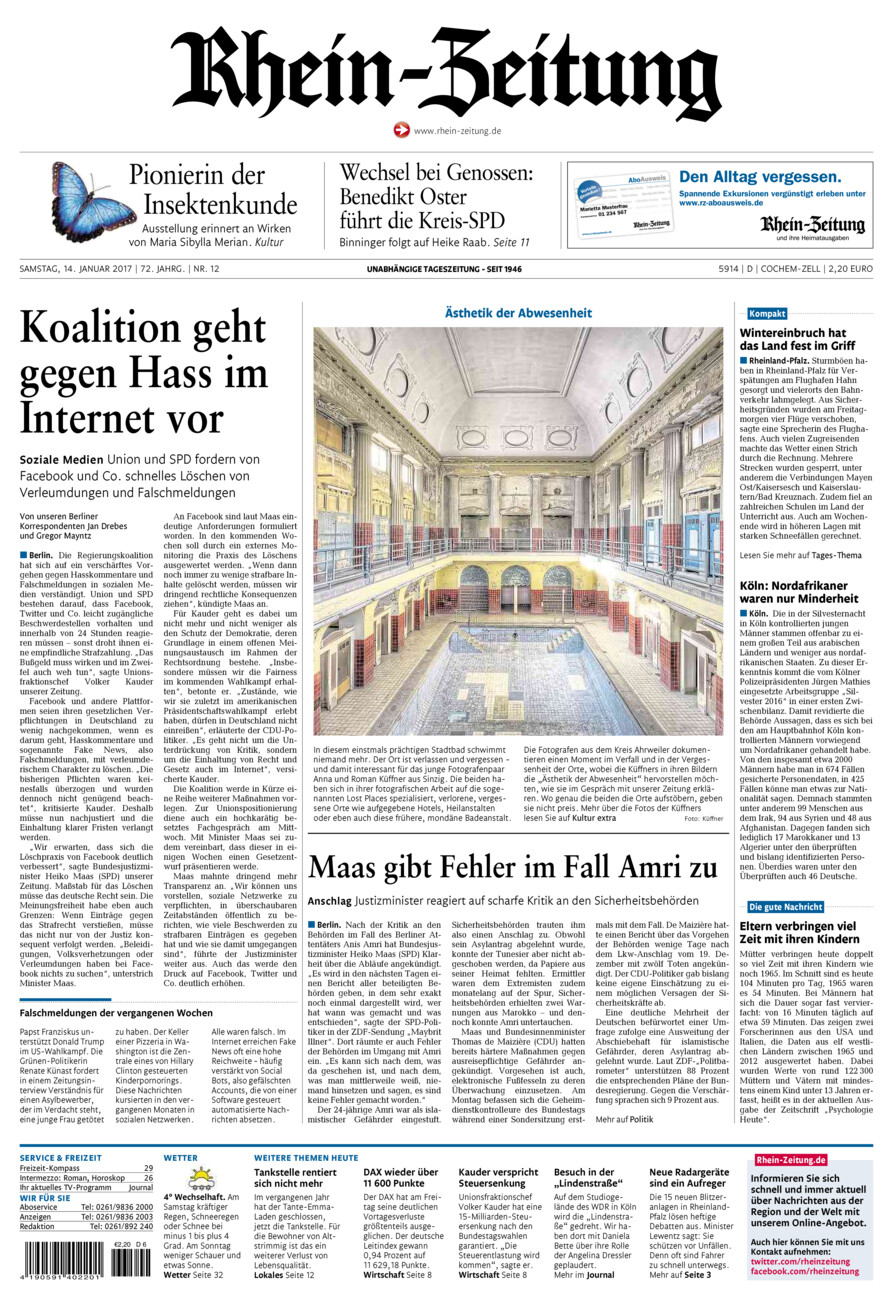 Rhein-Zeitung Kreis Cochem-Zell vom Samstag, 14.01.2017