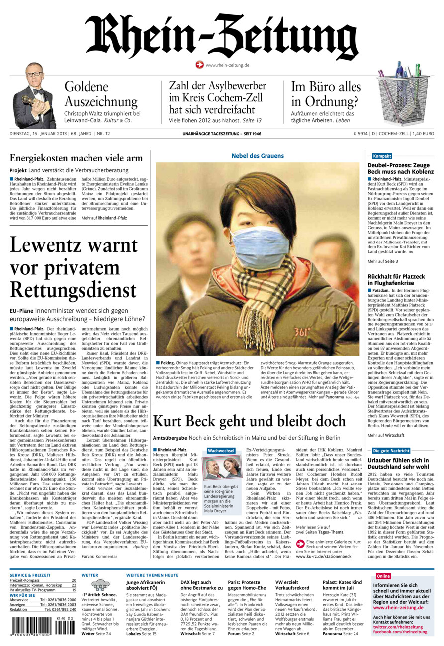 Rhein-Zeitung Kreis Cochem-Zell vom Dienstag, 15.01.2013