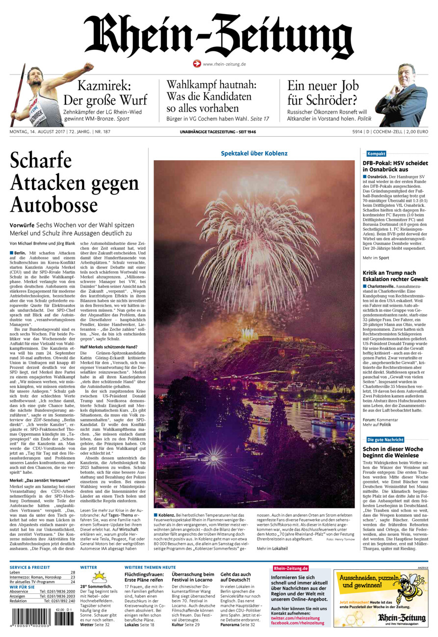 Rhein-Zeitung Kreis Cochem-Zell vom Montag, 14.08.2017
