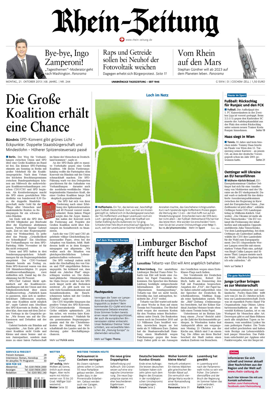 Rhein-Zeitung Kreis Cochem-Zell vom Montag, 21.10.2013