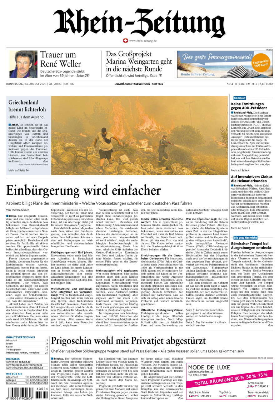 Rhein-Zeitung Kreis Cochem-Zell vom Donnerstag, 24.08.2023