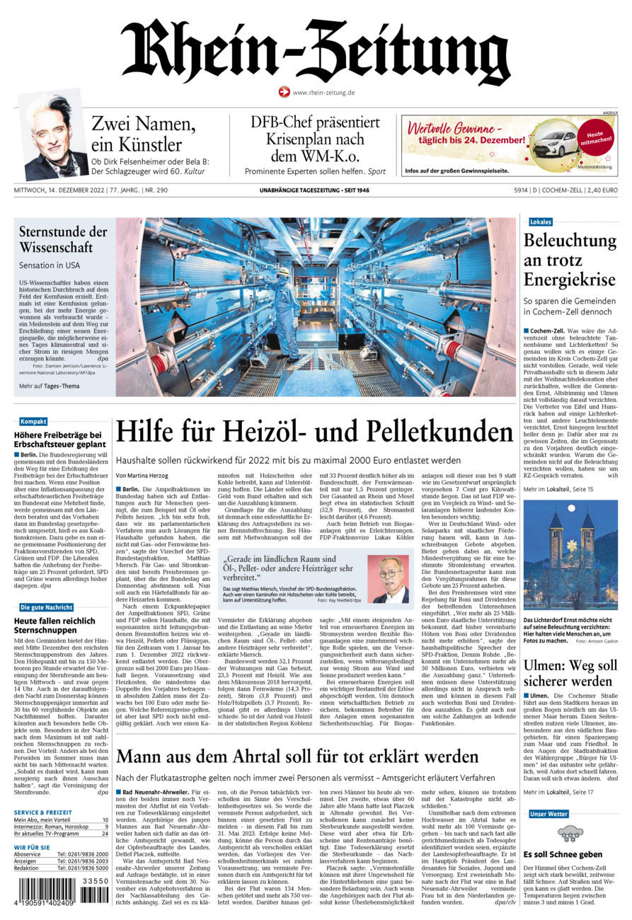 Rhein-Zeitung Kreis Cochem-Zell vom Mittwoch, 14.12.2022