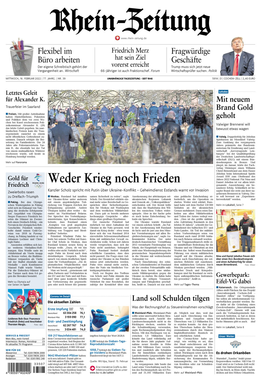 Rhein-Zeitung Kreis Cochem-Zell vom Mittwoch, 16.02.2022