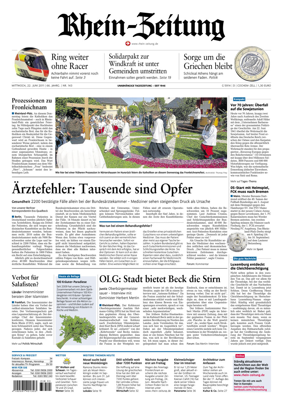 Rhein-Zeitung Kreis Cochem-Zell vom Mittwoch, 22.06.2011