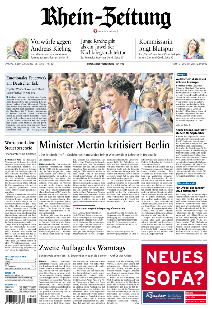 Rhein-Zeitung Kreis Cochem-Zell vom Samstag, 02.09.2023