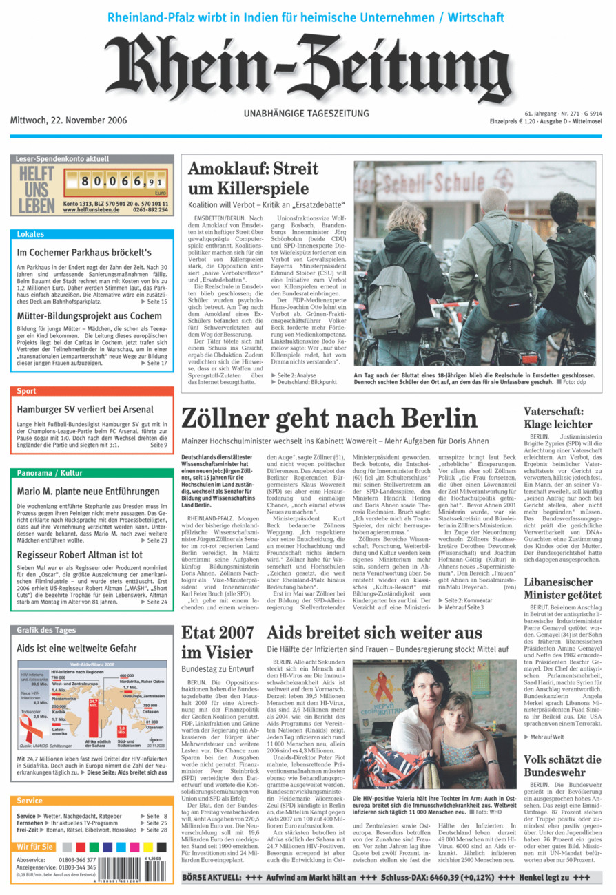 Rhein-Zeitung Kreis Cochem-Zell vom Mittwoch, 22.11.2006
