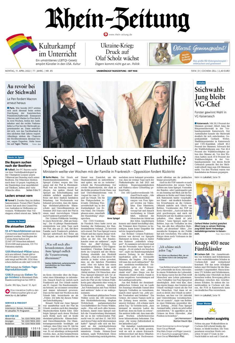 Rhein-Zeitung Kreis Cochem-Zell vom Montag, 11.04.2022