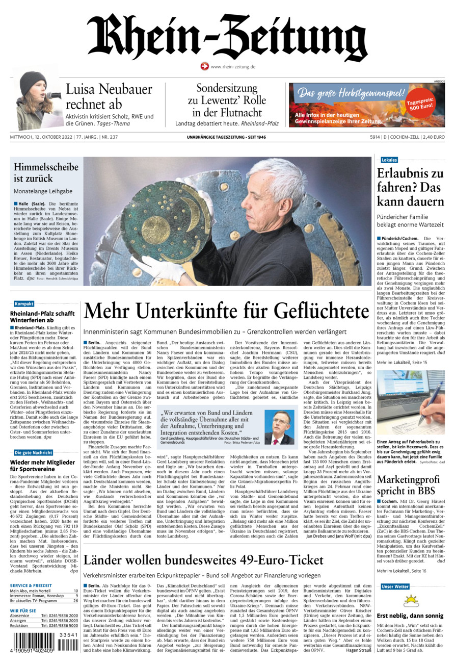 Rhein-Zeitung Kreis Cochem-Zell vom Mittwoch, 12.10.2022