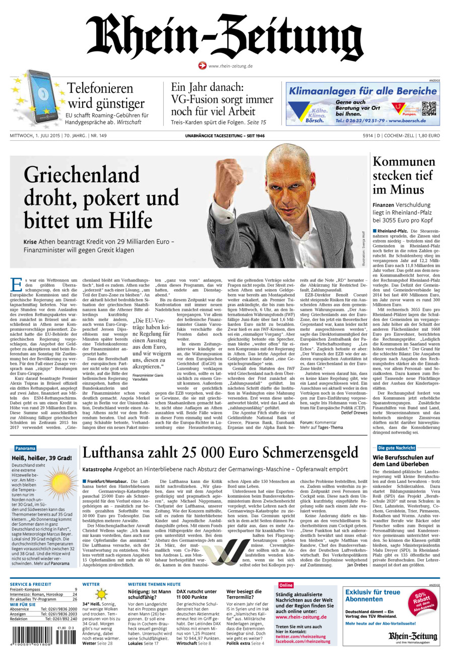 Rhein-Zeitung Kreis Cochem-Zell vom Mittwoch, 01.07.2015