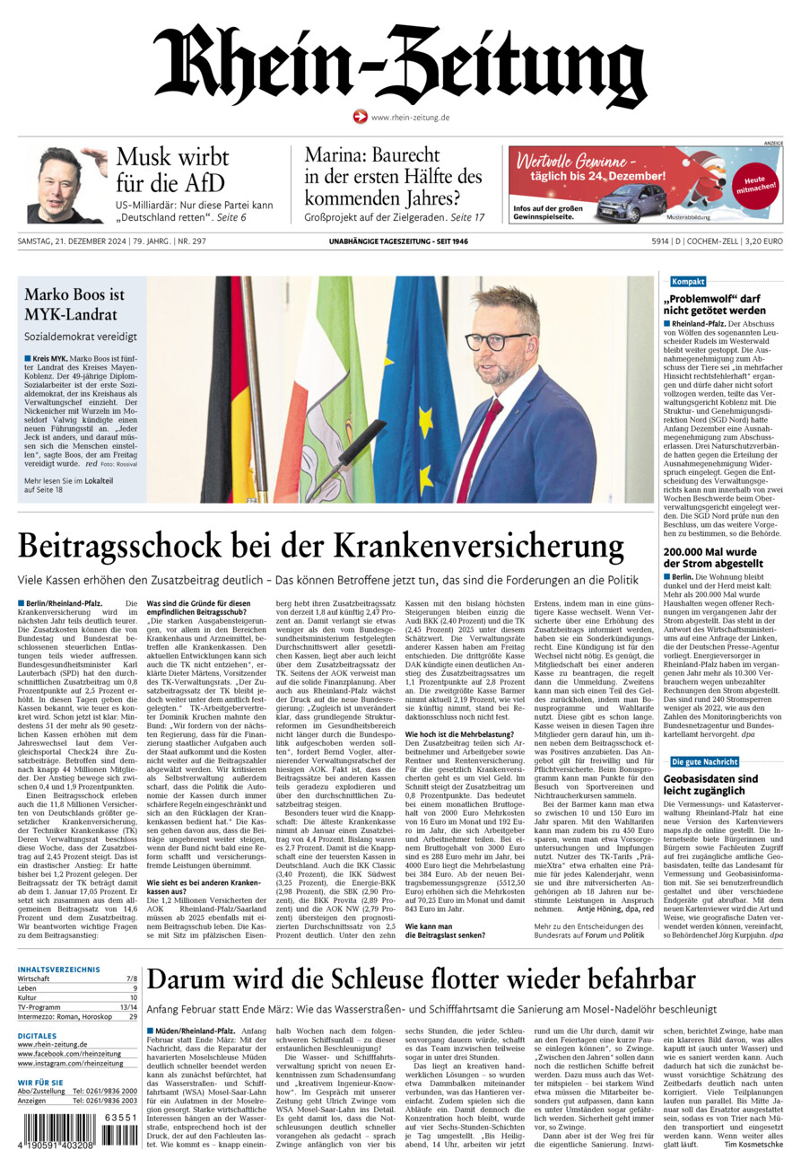 Rhein-Zeitung Kreis Cochem-Zell vom Samstag, 21.12.2024