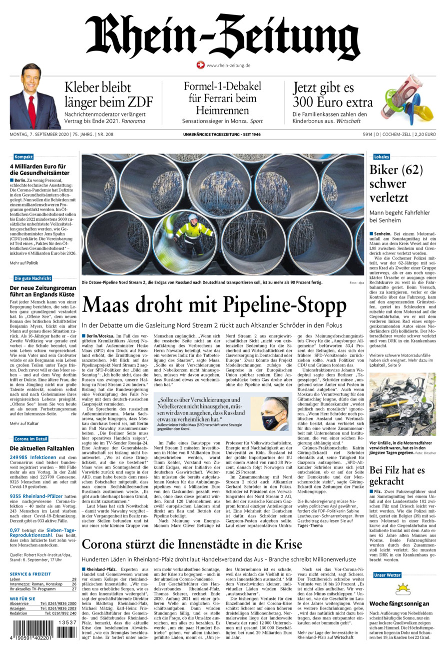 Rhein-Zeitung Kreis Cochem-Zell vom Montag, 07.09.2020
