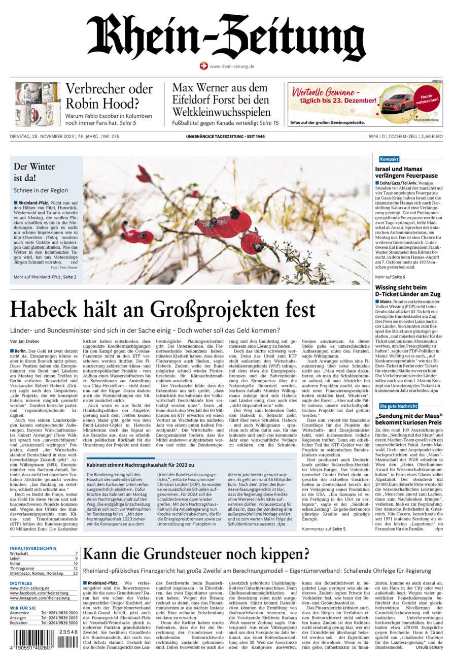 Rhein-Zeitung Kreis Cochem-Zell vom Dienstag, 28.11.2023