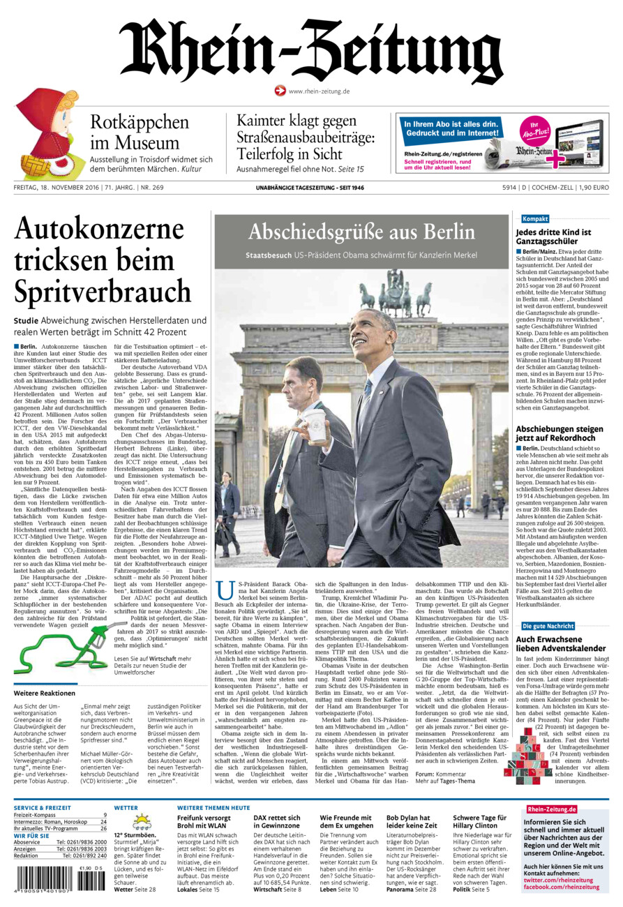 Rhein-Zeitung Kreis Cochem-Zell vom Freitag, 18.11.2016