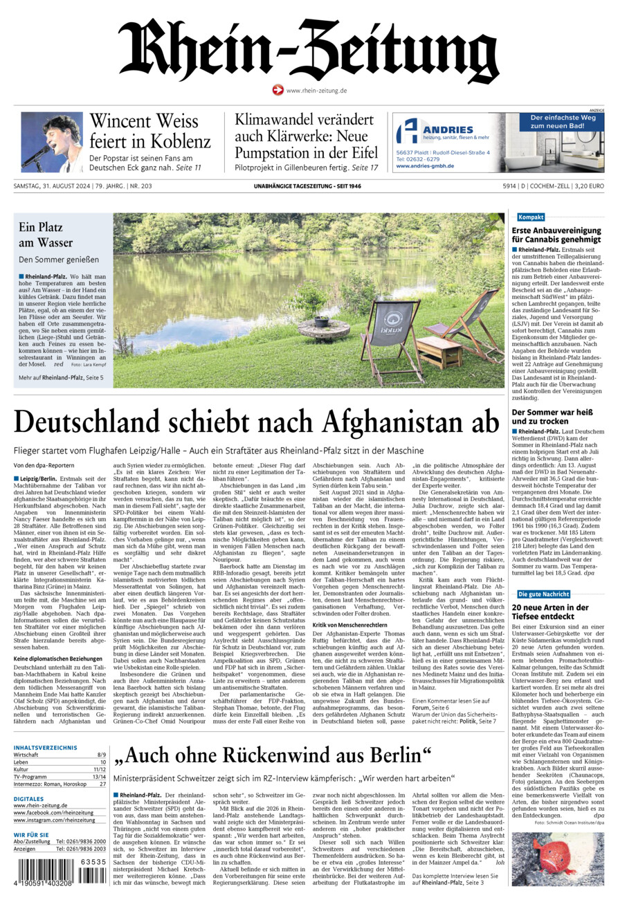 Rhein-Zeitung Kreis Cochem-Zell vom Samstag, 31.08.2024