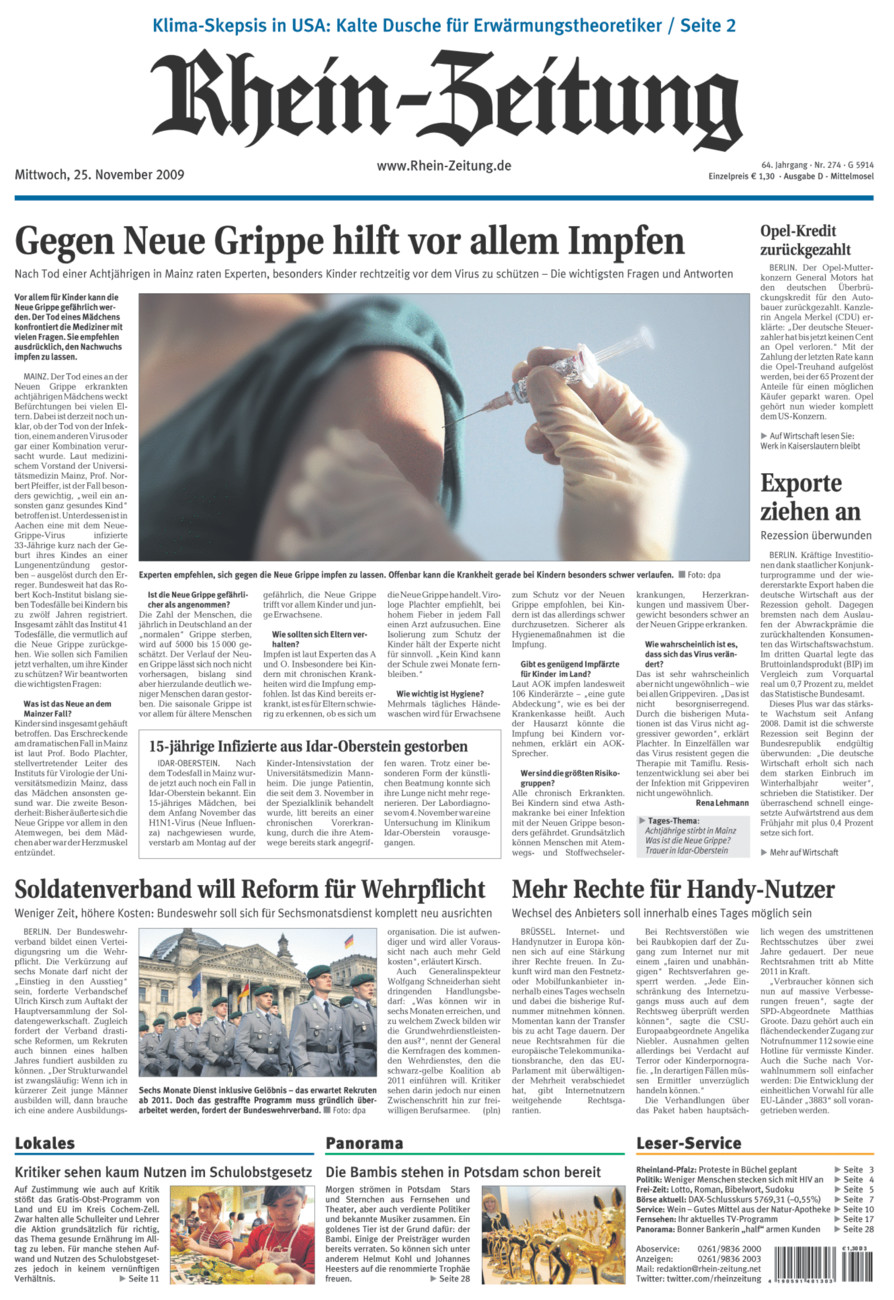 Rhein-Zeitung Kreis Cochem-Zell vom Mittwoch, 25.11.2009