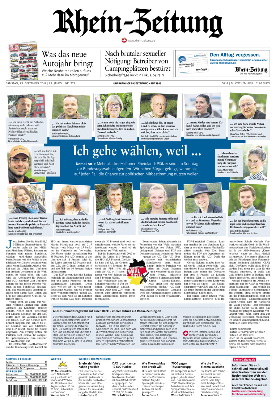 Rhein-Zeitung Kreis Cochem-Zell vom Samstag, 23.09.2017