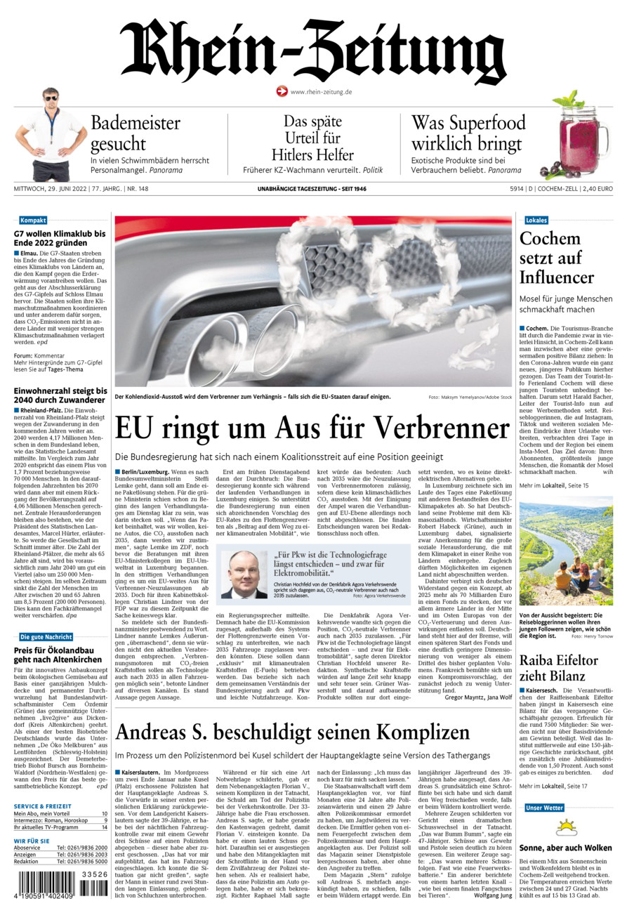 Rhein-Zeitung Kreis Cochem-Zell vom Mittwoch, 29.06.2022