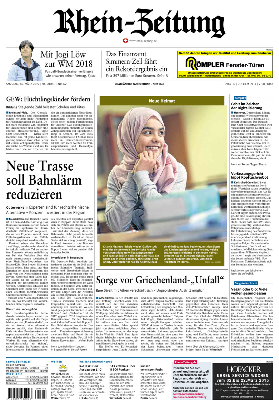 Rhein-Zeitung Kreis Cochem-Zell vom Samstag, 14.03.2015