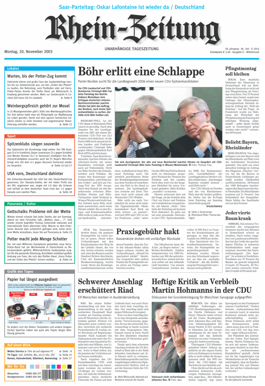 Rhein-Zeitung Kreis Cochem-Zell vom Montag, 10.11.2003
