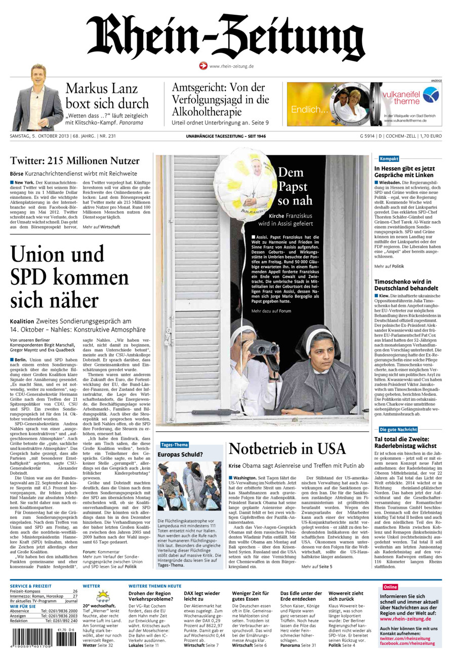 Rhein-Zeitung Kreis Cochem-Zell vom Samstag, 05.10.2013