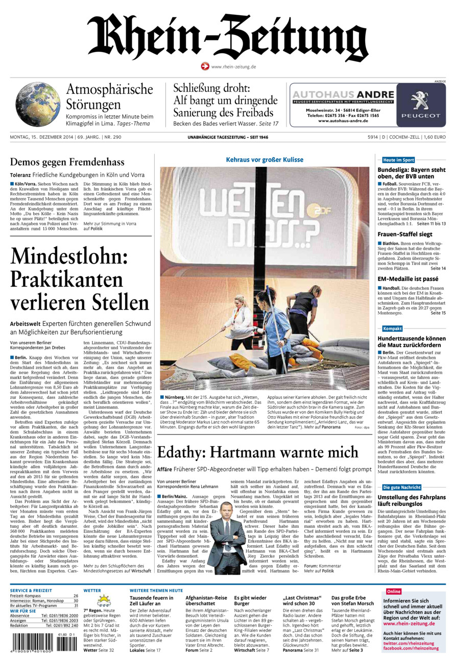 Rhein-Zeitung Kreis Cochem-Zell vom Montag, 15.12.2014