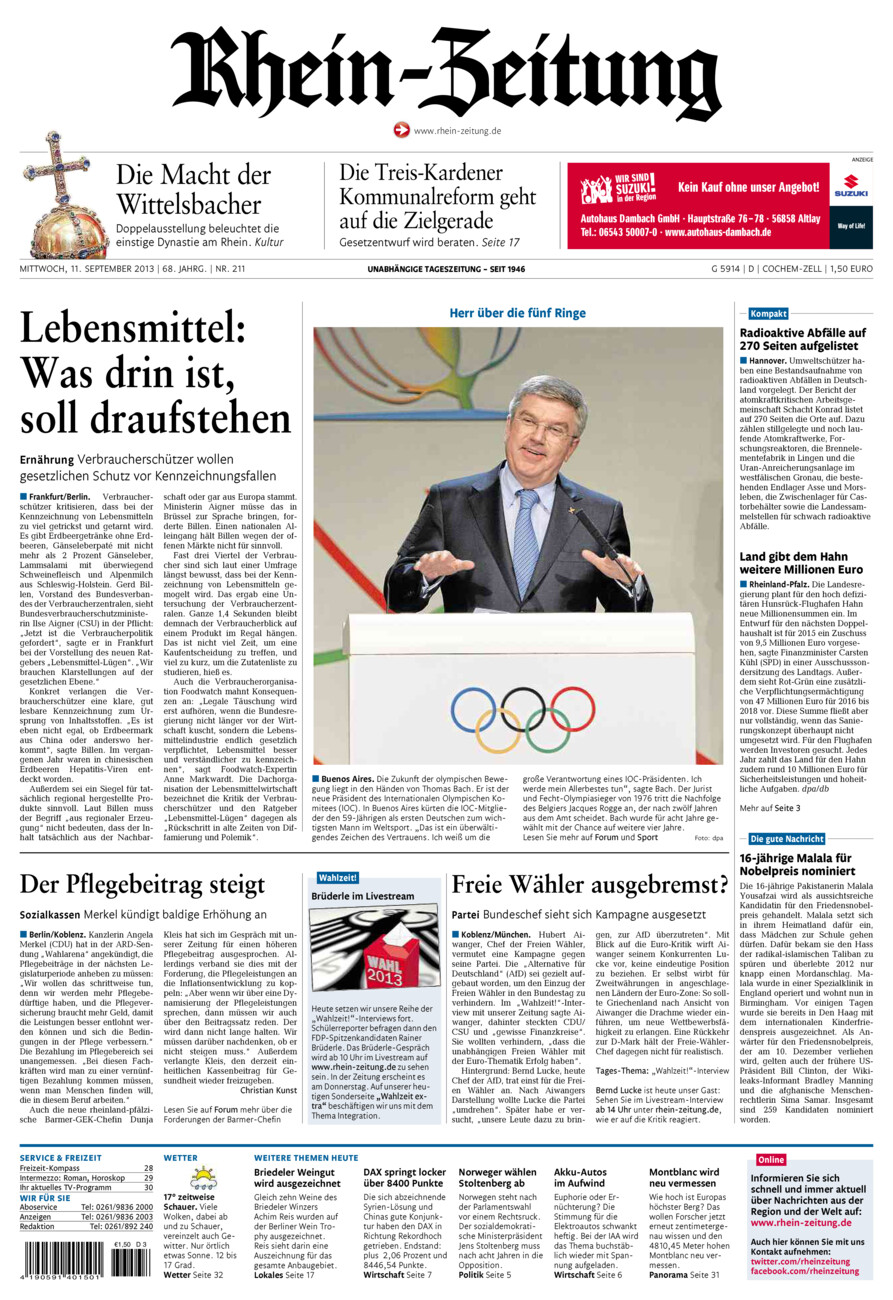 Rhein-Zeitung Kreis Cochem-Zell vom Mittwoch, 11.09.2013