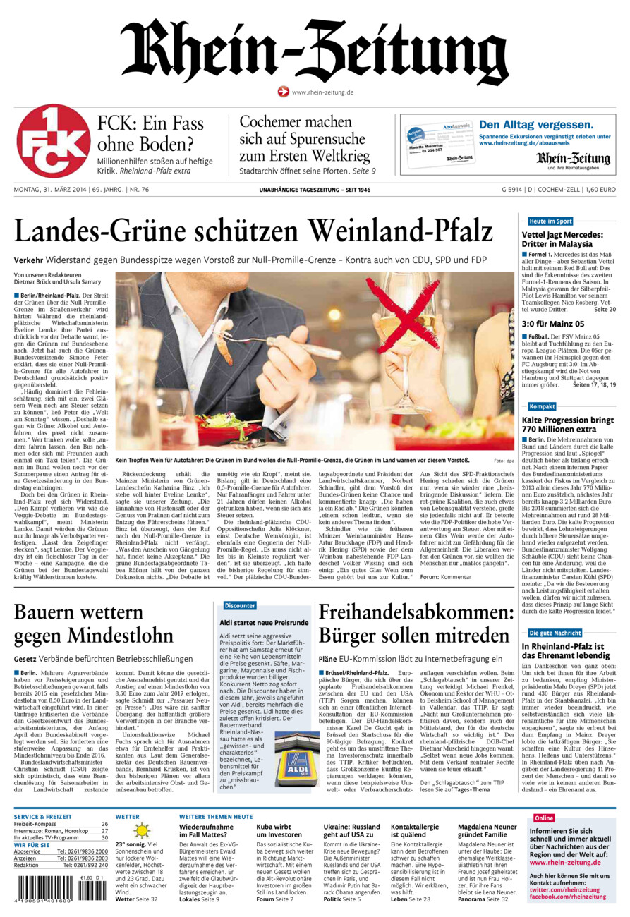 Rhein-Zeitung Kreis Cochem-Zell vom Montag, 31.03.2014
