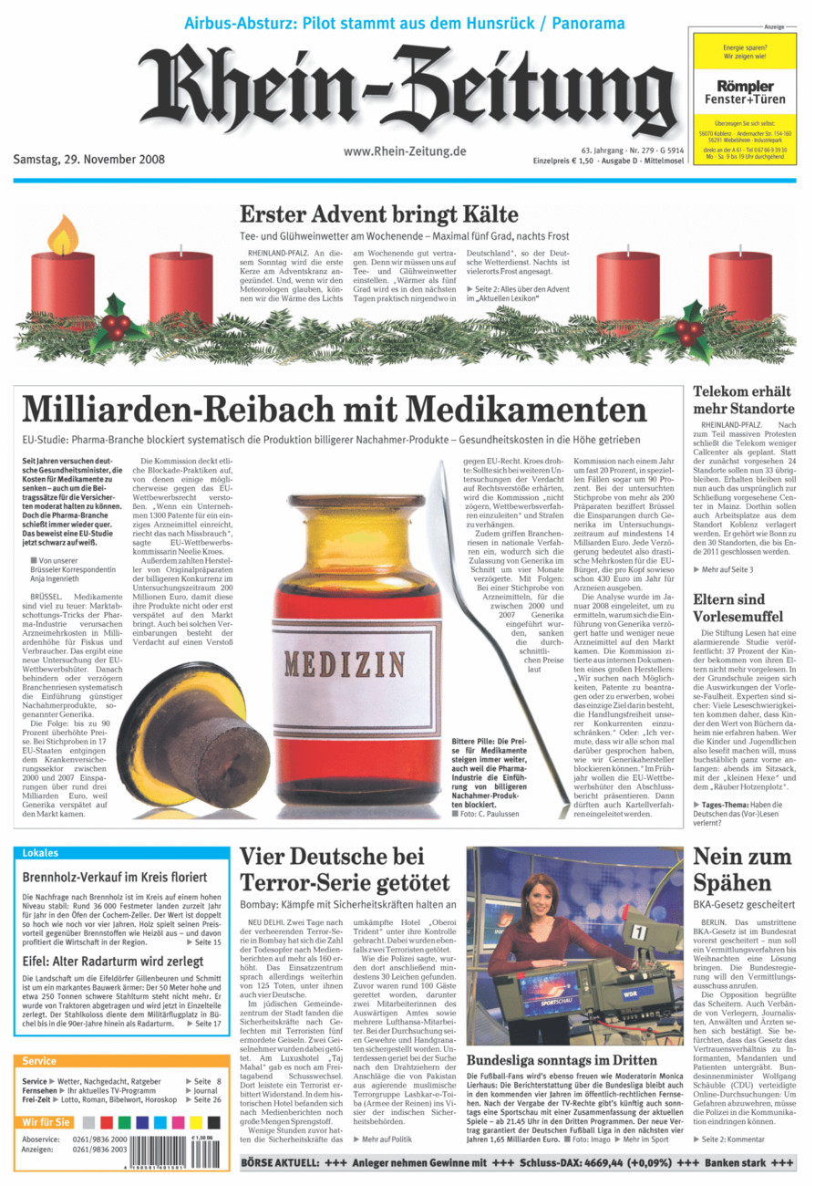 Rhein-Zeitung Kreis Cochem-Zell vom Samstag, 29.11.2008