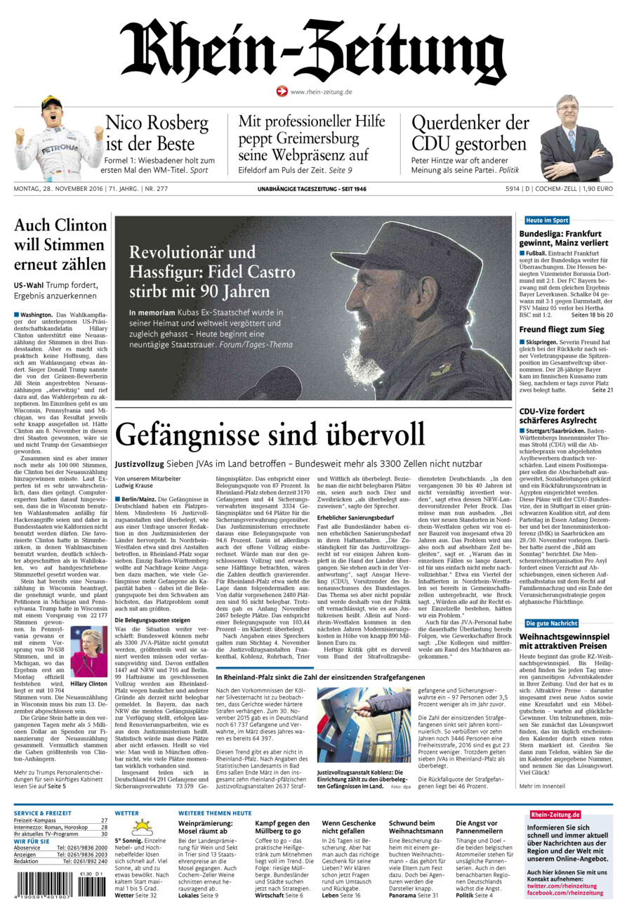 Rhein-Zeitung Kreis Cochem-Zell vom Montag, 28.11.2016