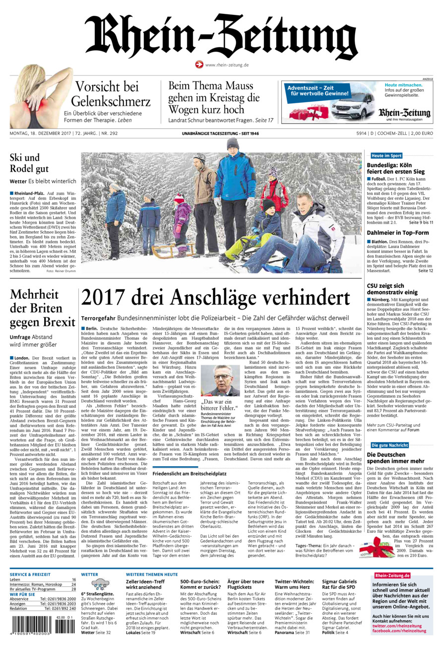 Rhein-Zeitung Kreis Cochem-Zell vom Montag, 18.12.2017