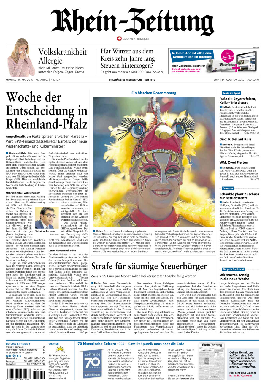 Rhein-Zeitung Kreis Cochem-Zell vom Montag, 09.05.2016