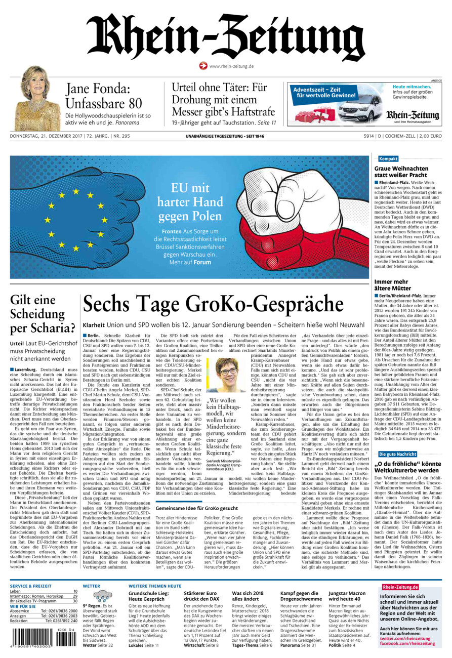 Rhein-Zeitung Kreis Cochem-Zell vom Donnerstag, 21.12.2017