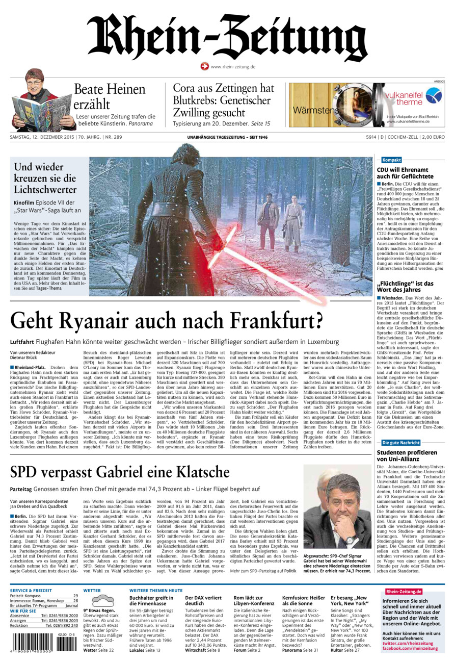 Rhein-Zeitung Kreis Cochem-Zell vom Samstag, 12.12.2015
