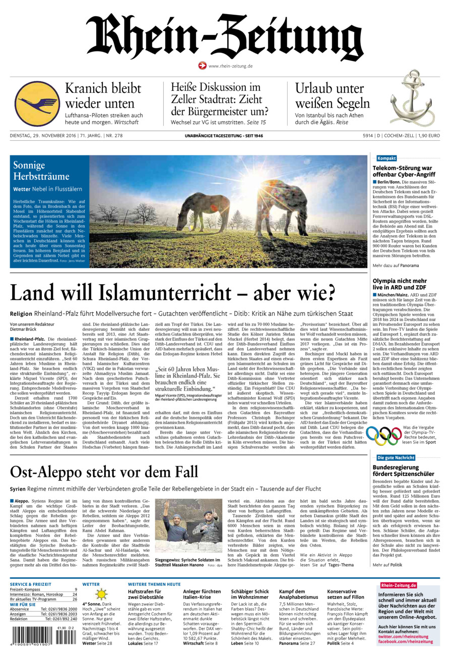 Rhein-Zeitung Kreis Cochem-Zell vom Dienstag, 29.11.2016