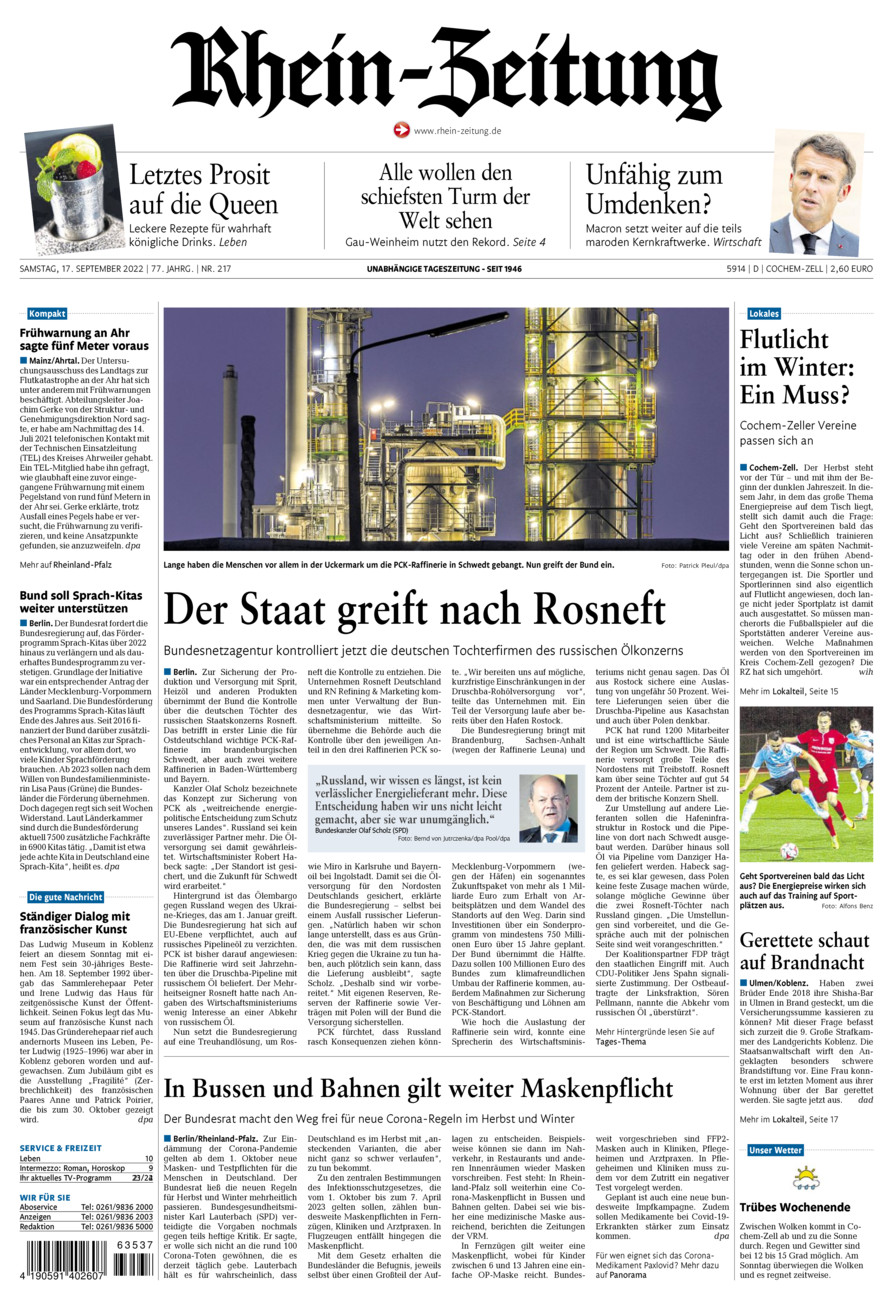 Rhein-Zeitung Kreis Cochem-Zell vom Samstag, 17.09.2022