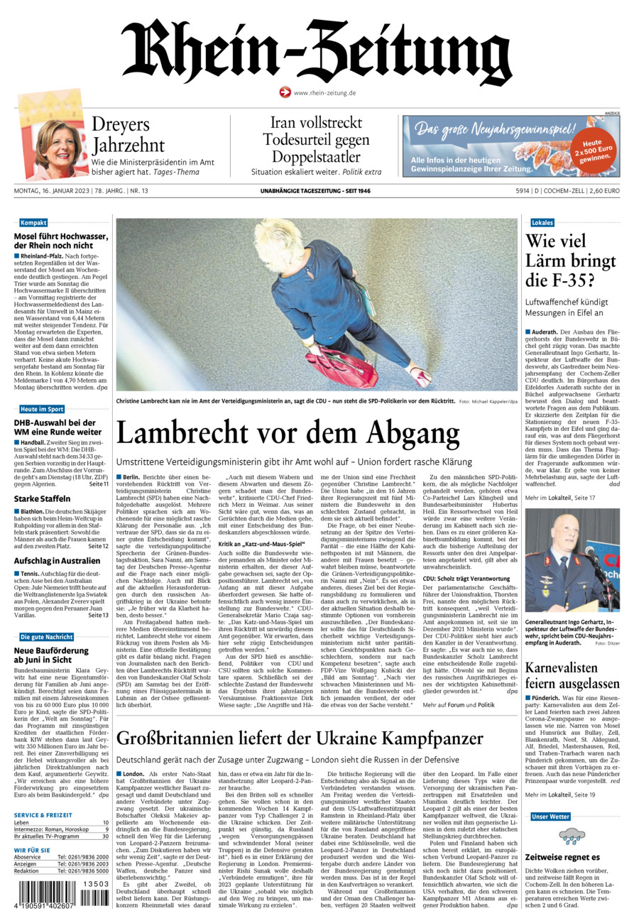 Rhein-Zeitung Kreis Cochem-Zell vom Montag, 16.01.2023