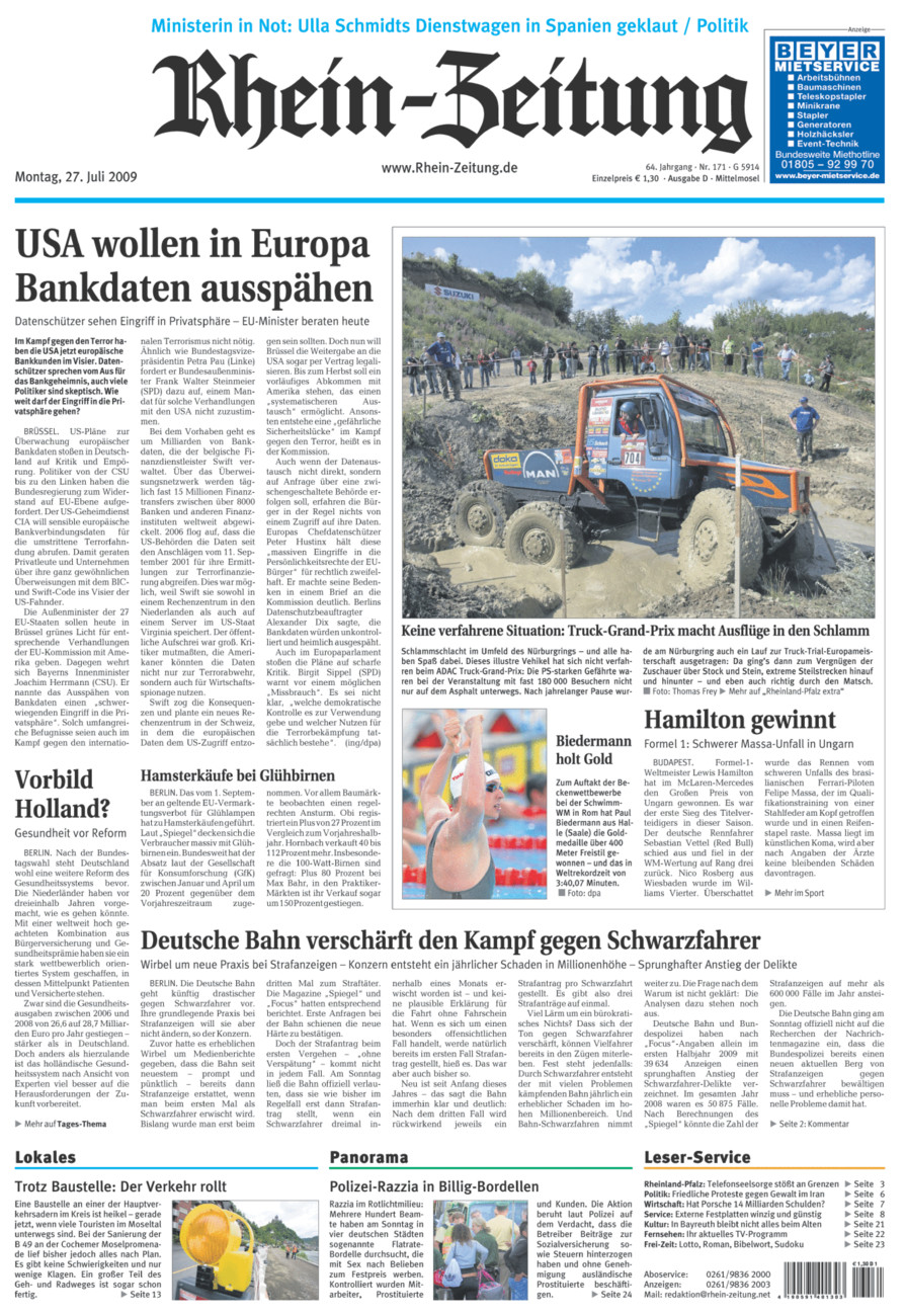 Rhein-Zeitung Kreis Cochem-Zell vom Montag, 27.07.2009