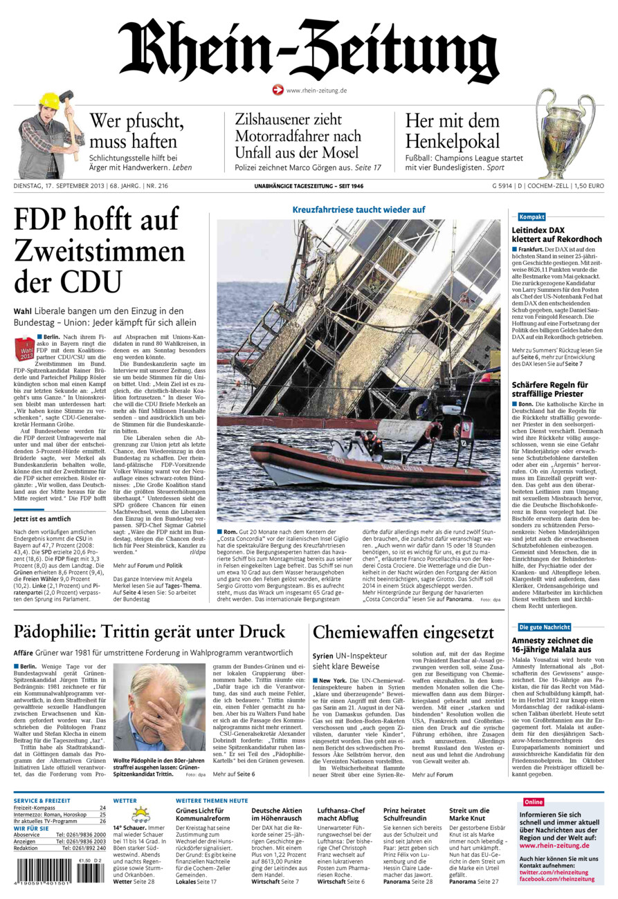 Rhein-Zeitung Kreis Cochem-Zell vom Dienstag, 17.09.2013