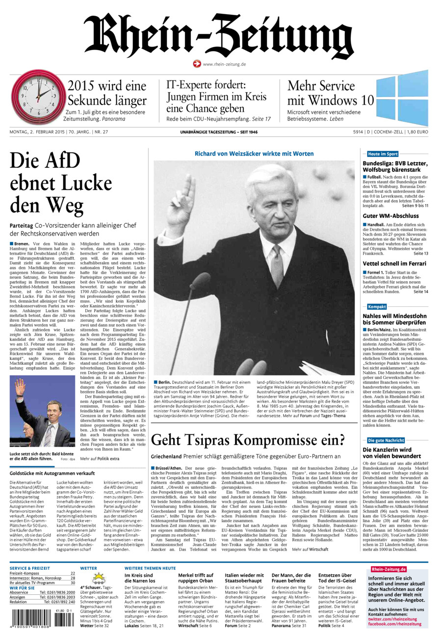 Rhein-Zeitung Kreis Cochem-Zell vom Montag, 02.02.2015