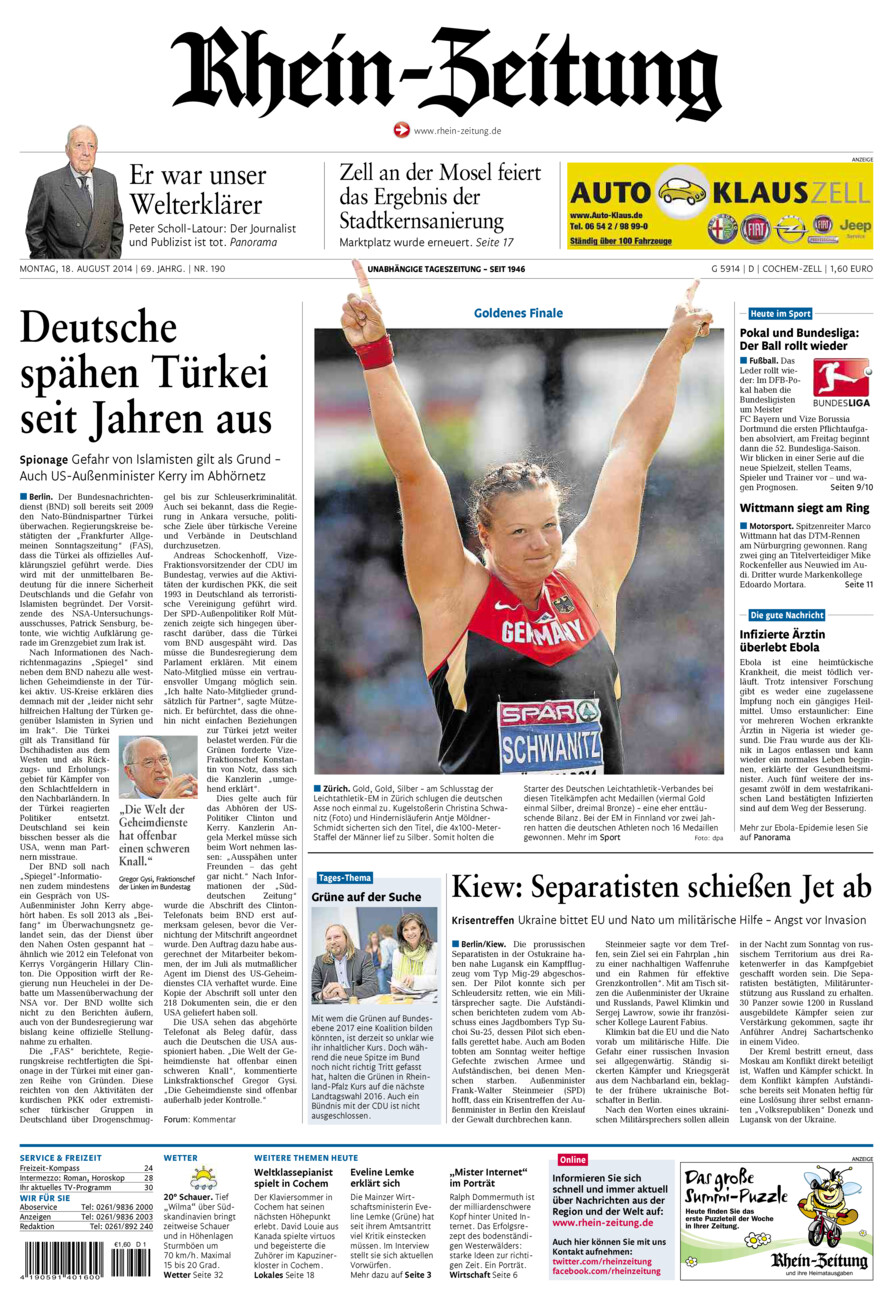 Rhein-Zeitung Kreis Cochem-Zell vom Montag, 18.08.2014