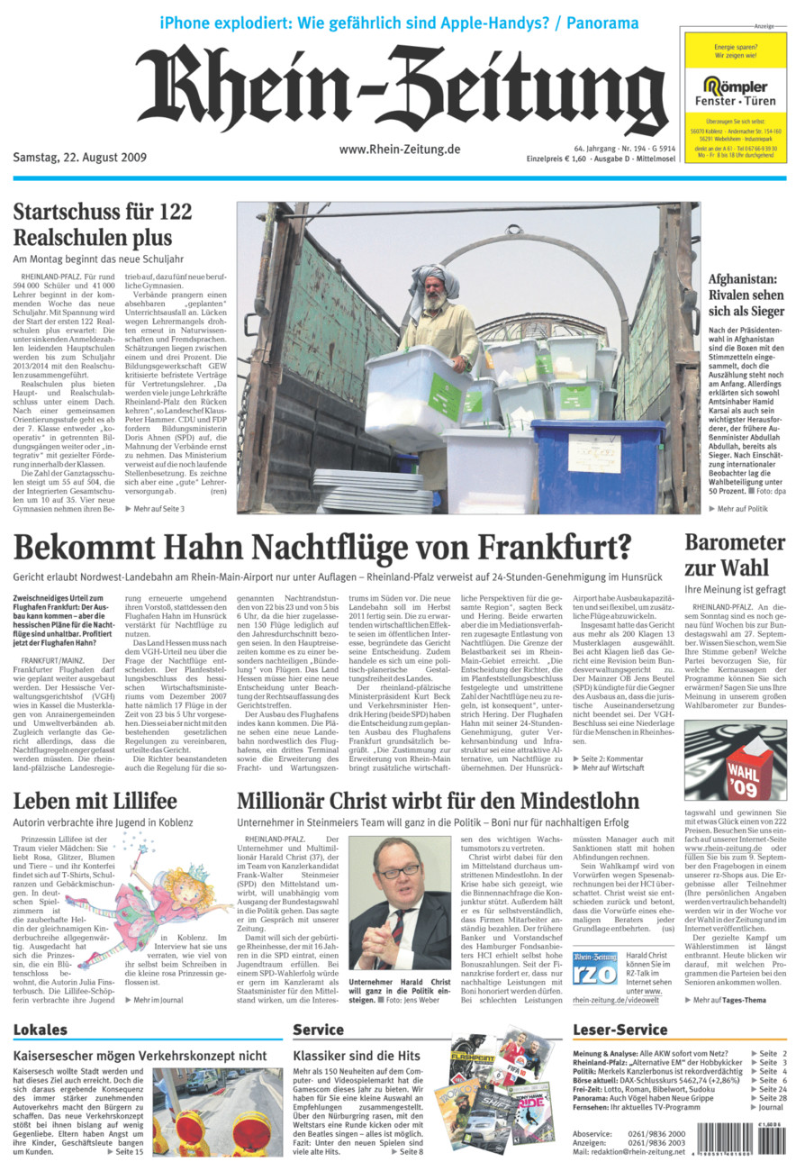Rhein-Zeitung Kreis Cochem-Zell vom Samstag, 22.08.2009