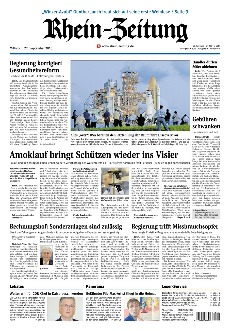 Rhein-Zeitung Kreis Cochem-Zell vom Mittwoch, 22.09.2010