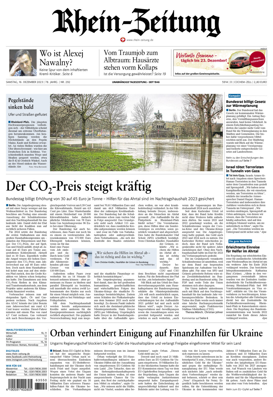 Rhein-Zeitung Kreis Cochem-Zell vom Samstag, 16.12.2023