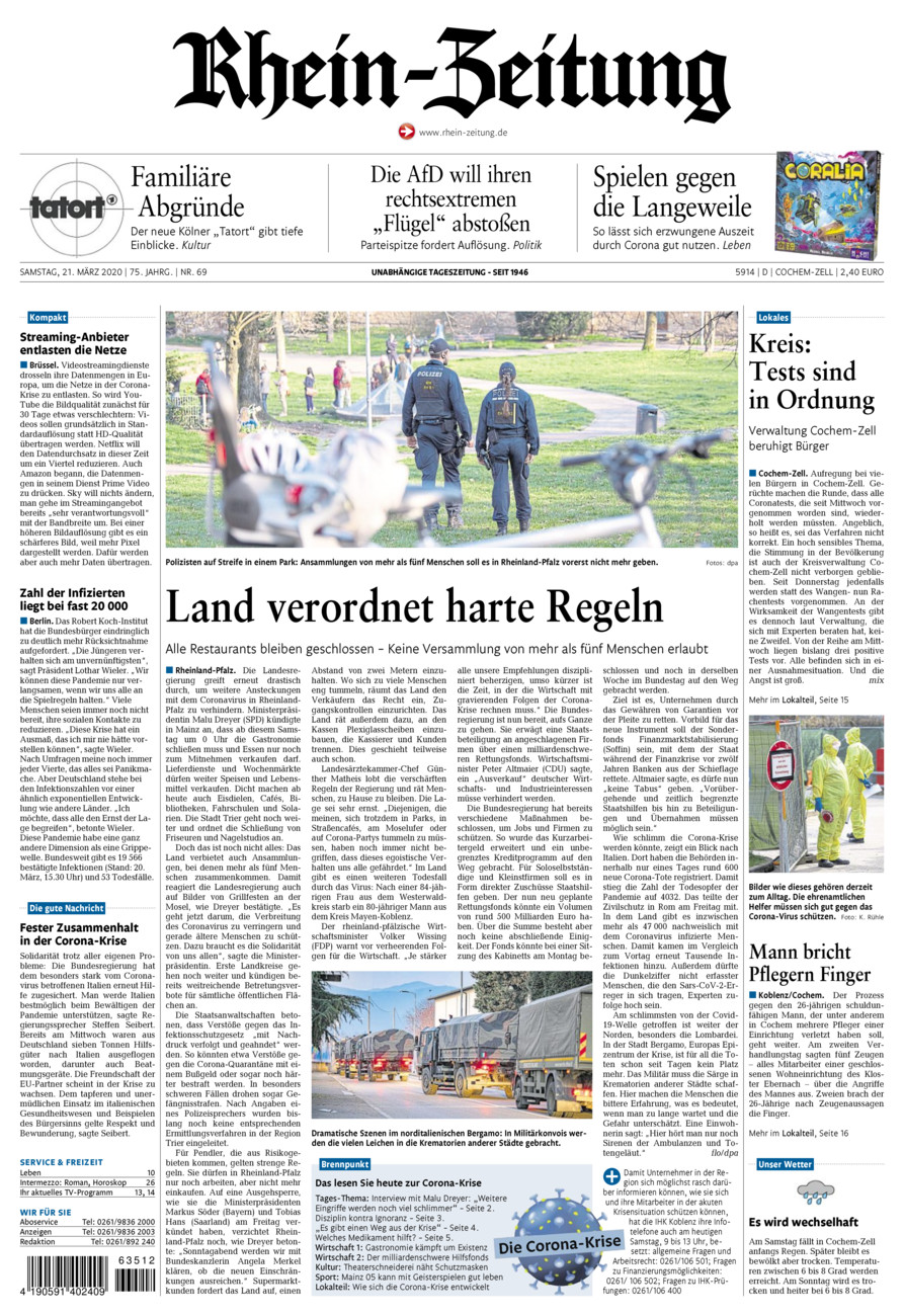 Rhein-Zeitung Kreis Cochem-Zell vom Samstag, 21.03.2020
