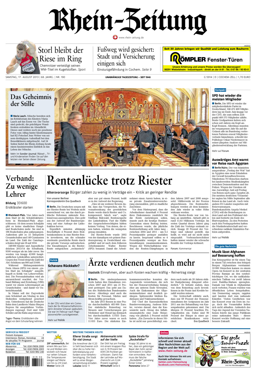 Rhein-Zeitung Kreis Cochem-Zell vom Samstag, 17.08.2013