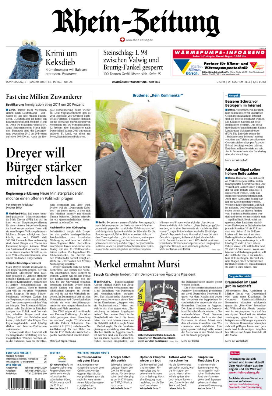Rhein-Zeitung Kreis Cochem-Zell vom Donnerstag, 31.01.2013