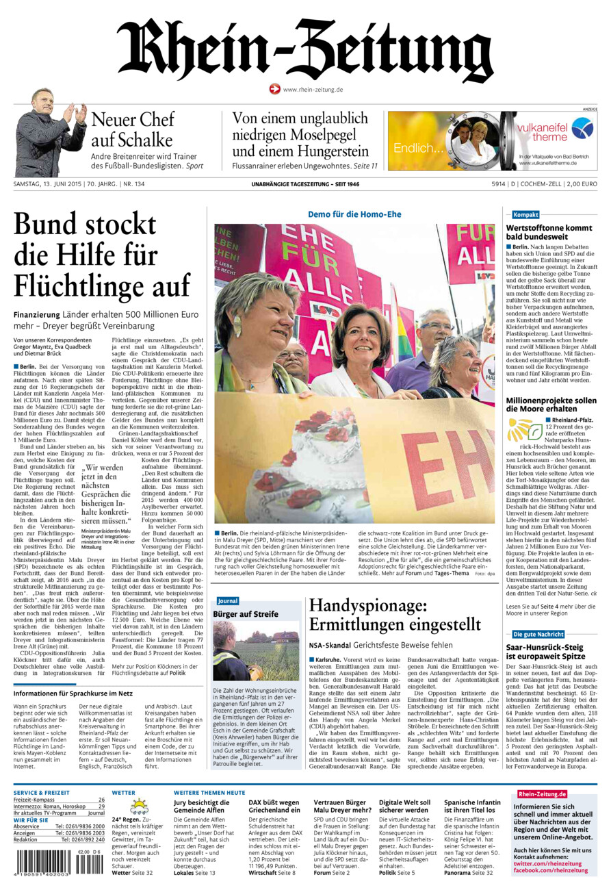 Rhein-Zeitung Kreis Cochem-Zell vom Samstag, 13.06.2015