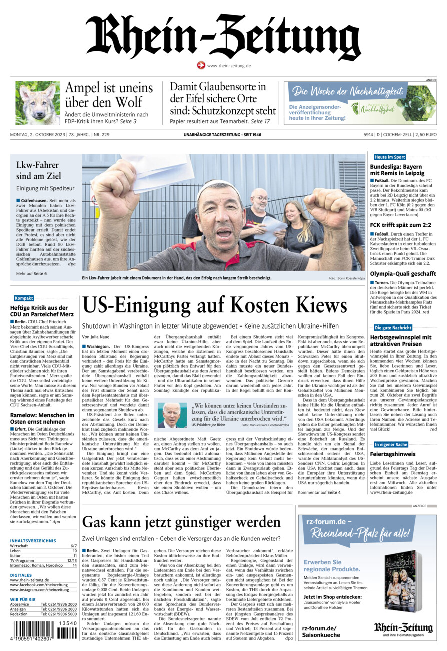 Rhein-Zeitung Kreis Cochem-Zell vom Montag, 02.10.2023