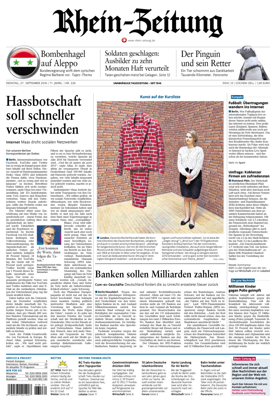 Rhein-Zeitung Kreis Cochem-Zell vom Dienstag, 27.09.2016