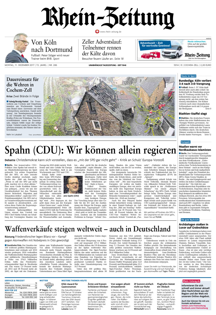 Rhein-Zeitung Kreis Cochem-Zell vom Montag, 11.12.2017